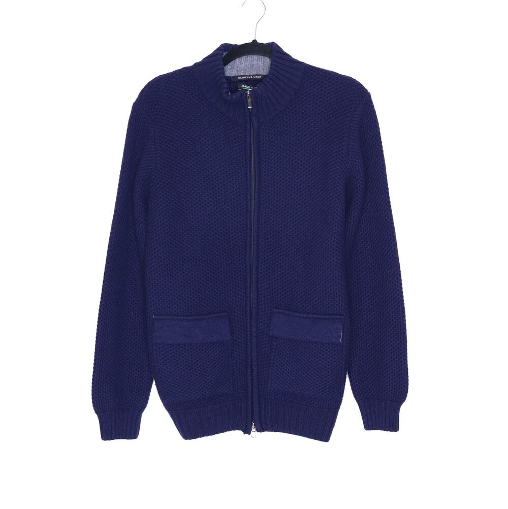 HAMMER MADE Wool Blend Zip Up Sweater Moss Stitch Navy Blue Mockneck Men's M